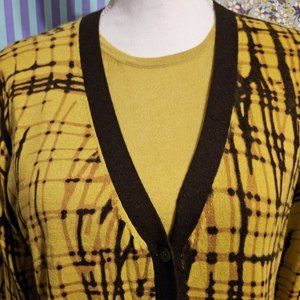 Neiman Marcus Cashmere Twin Sweater Set - Yellow/Brown Print- Size L - NWT